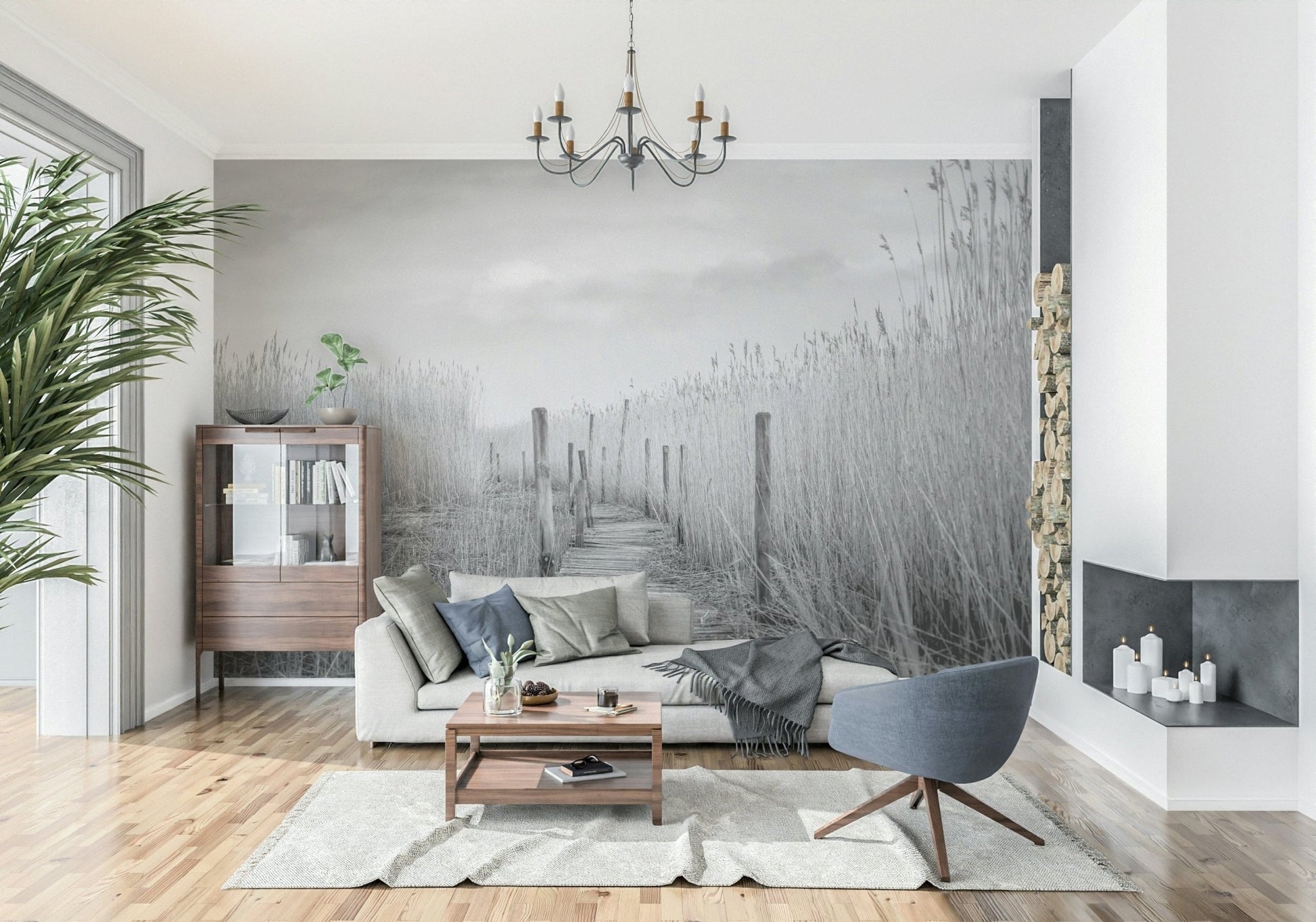 A graceful subtle pattern wall mural in cool, neutral tones.