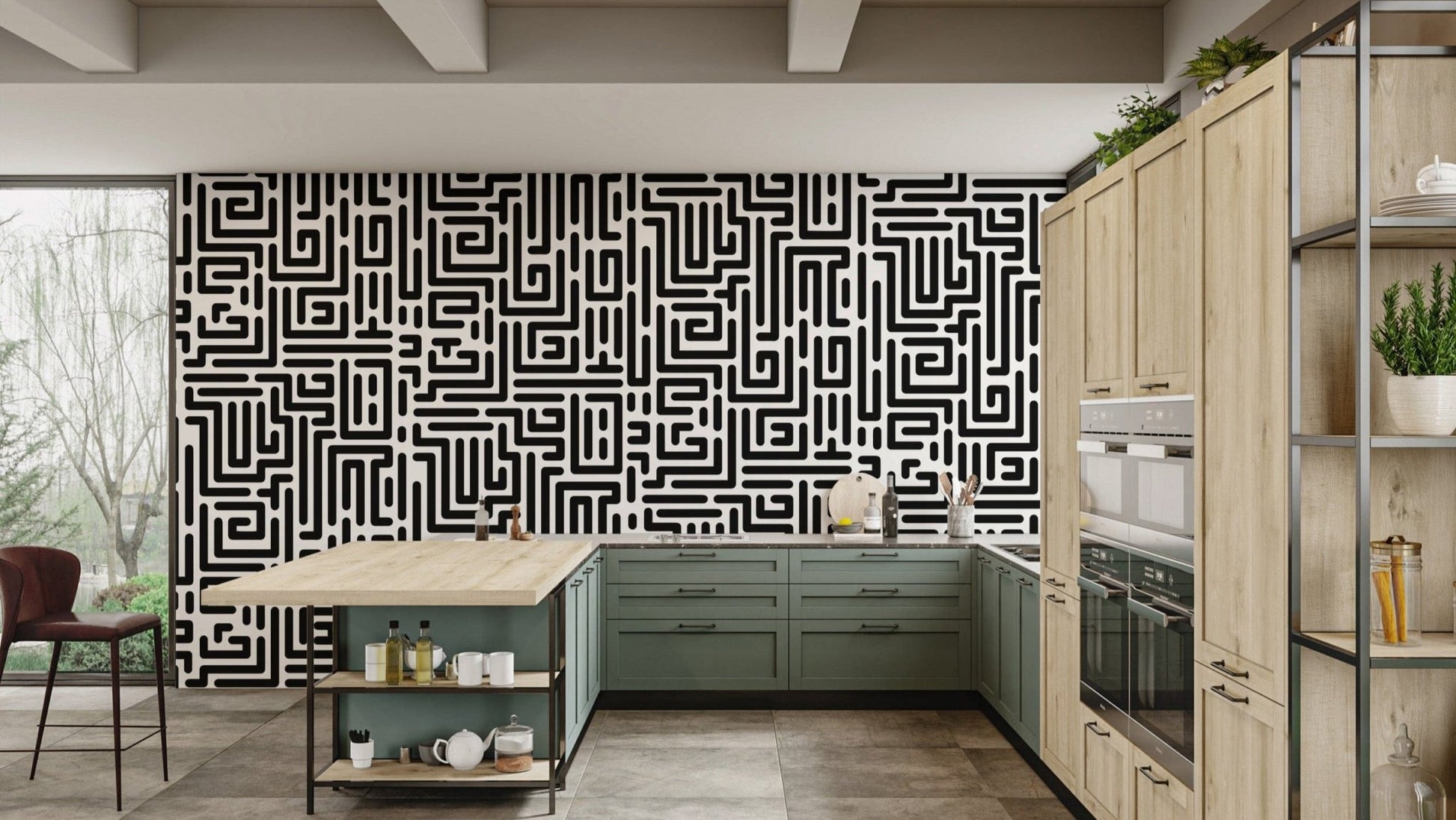 Minimalist Monochrome Maze Wallpaper for Interiors