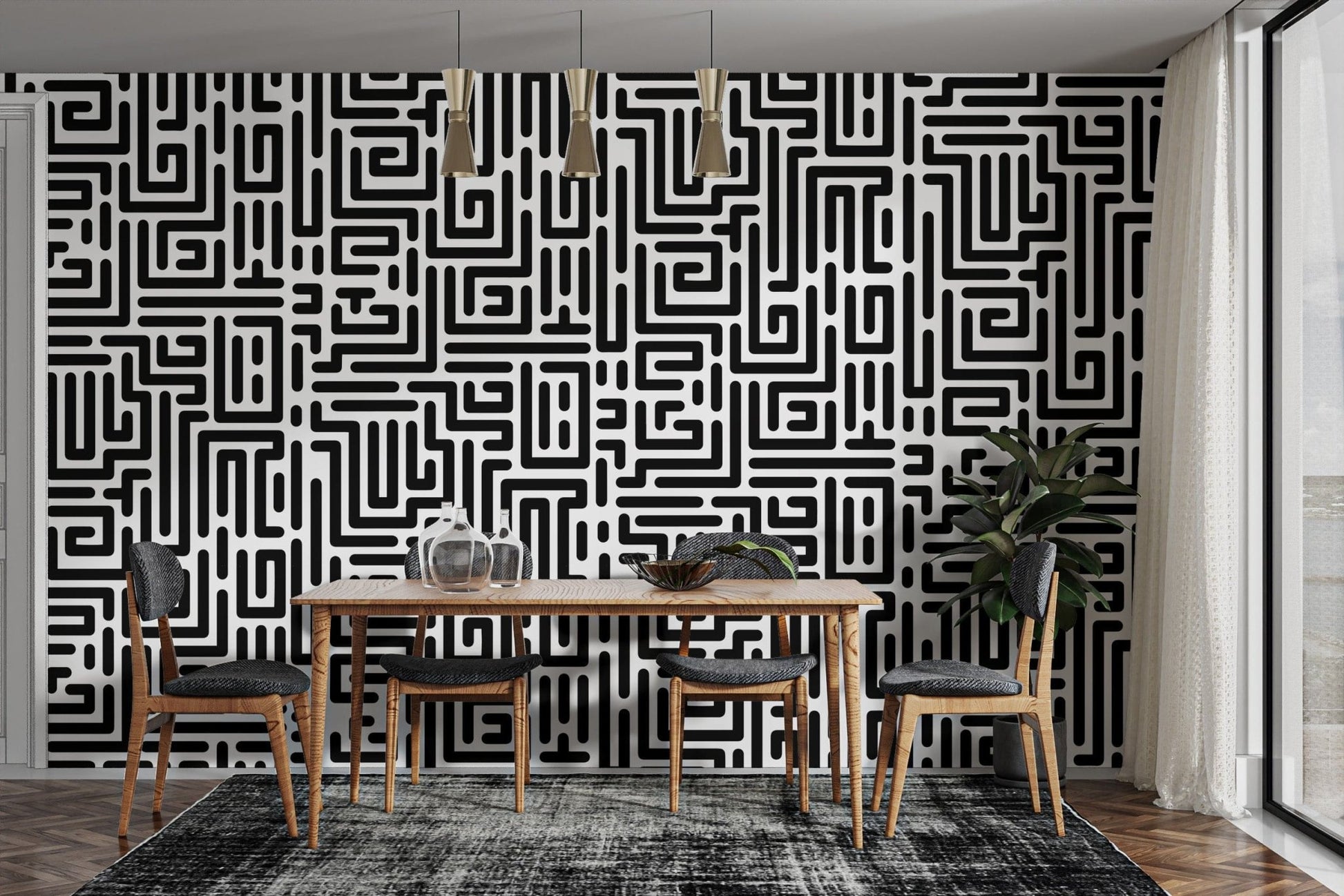 Modern Monochrome Maze Pattern Wallpaper for Walls