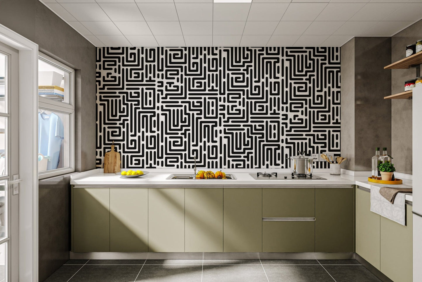 Abstract Black and White Maze Geometric Wallpaper