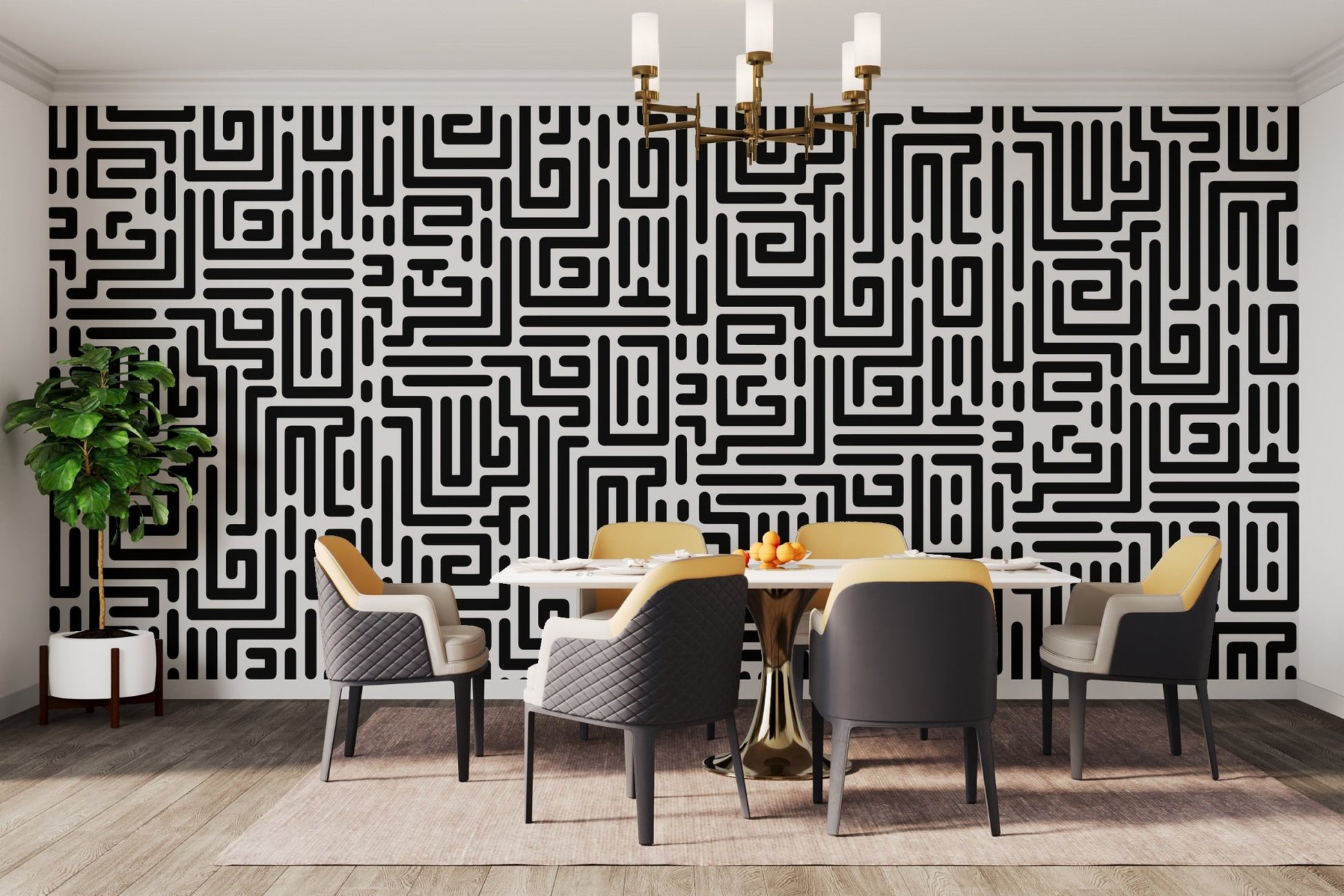 Bold Monochrome Maze Geometric Wallpaper Design