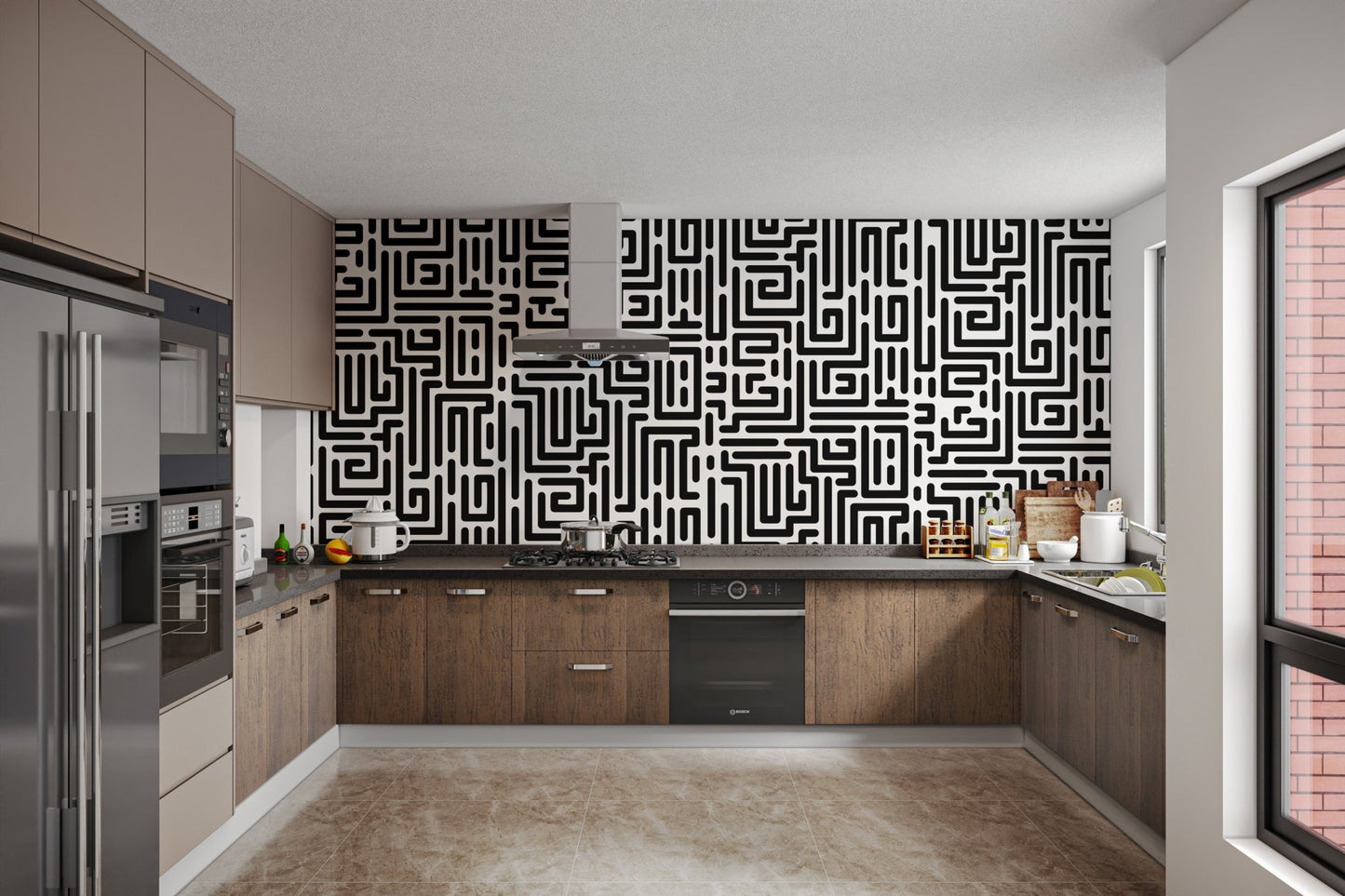 Chic Monochrome Geometric Maze Wallpaper Pattern