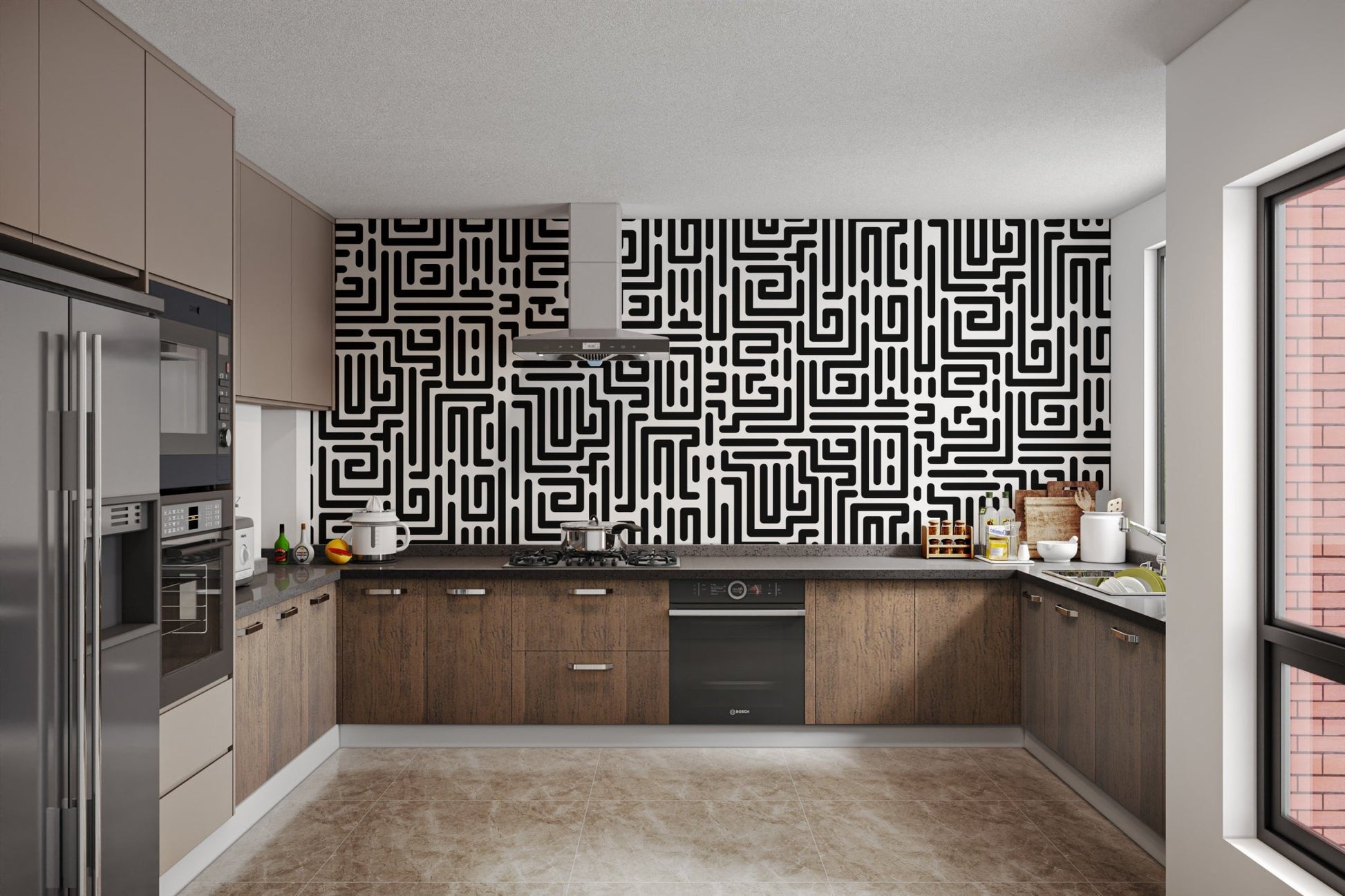 Chic Monochrome Geometric Maze Wallpaper Pattern