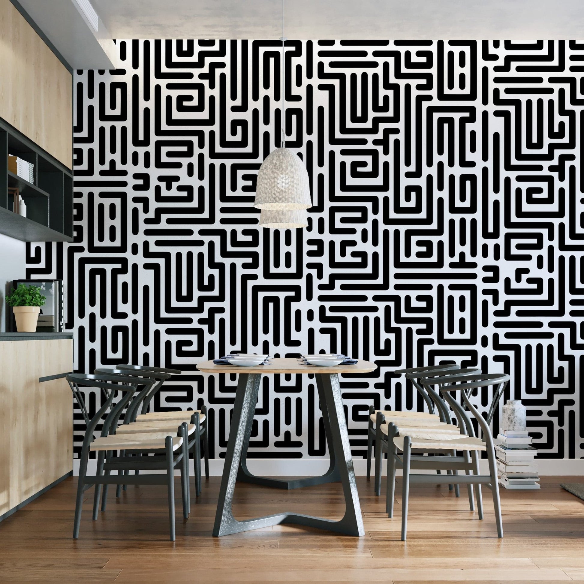 Contemporary Maze Geometric Wallpaper in Monochrome