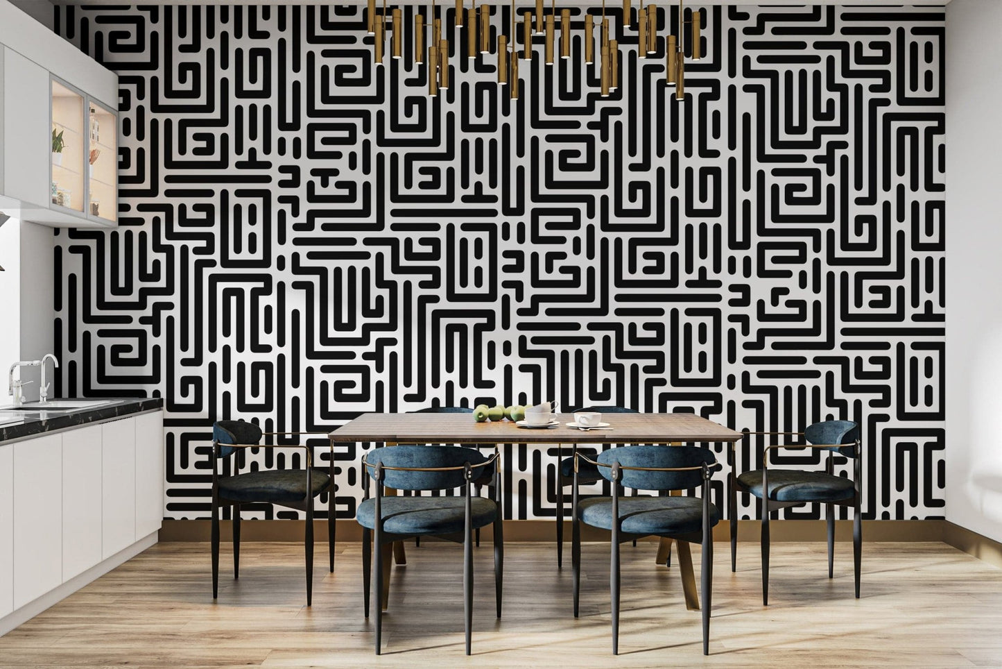 Stylish Black and White Geometric Maze Wallpaper