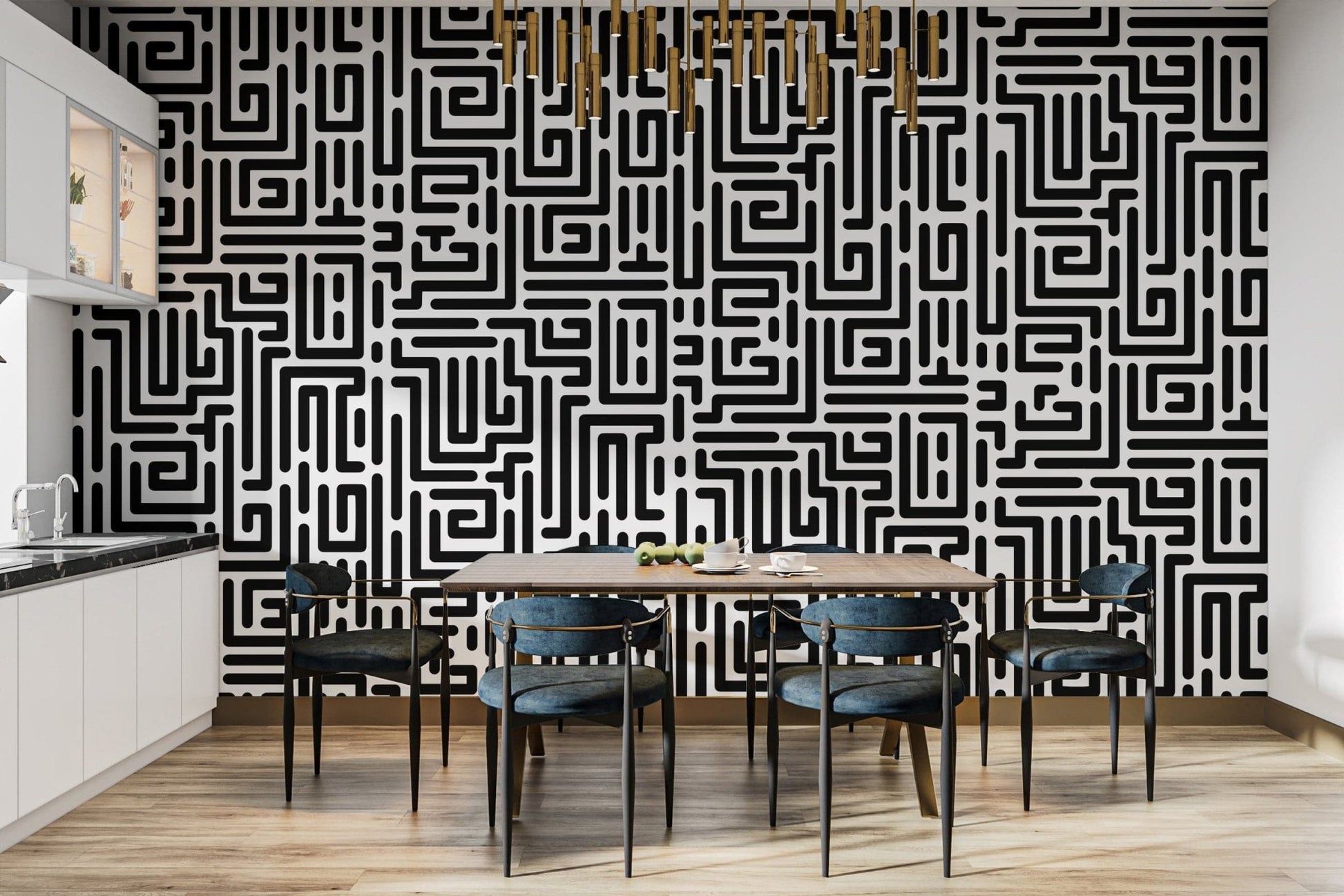 Stylish Black and White Geometric Maze Wallpaper