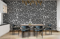 Stylish Black and White Geometric Maze Wallpaper
