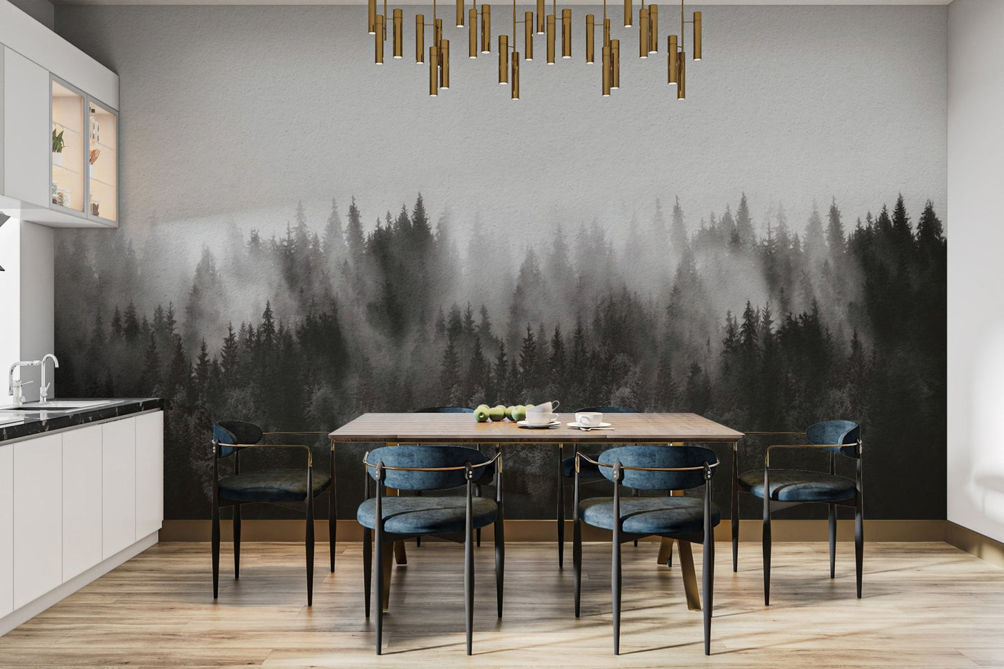 Dark woodland mist tree wallpaper
