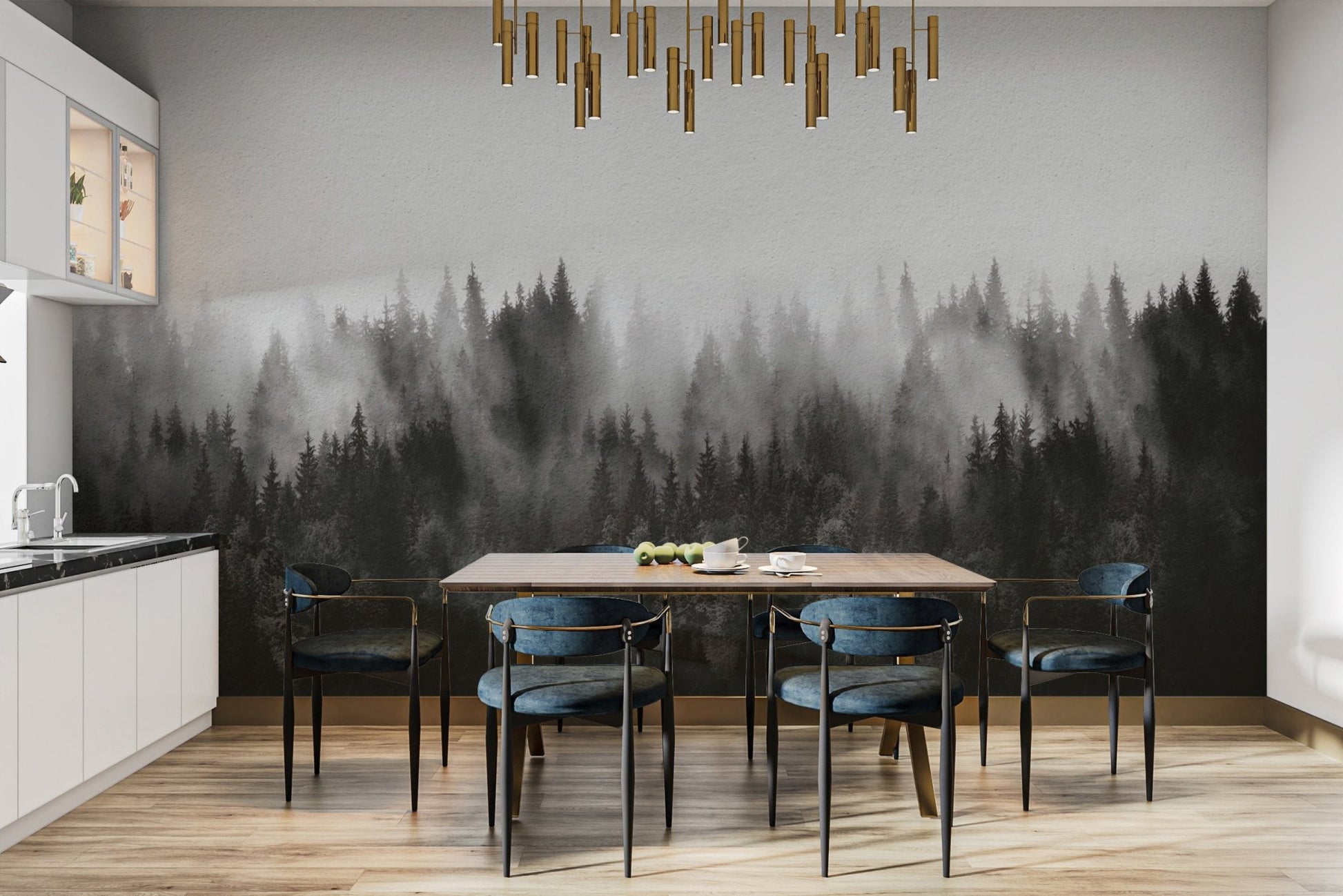 Dark woodland mist tree wallpaper
