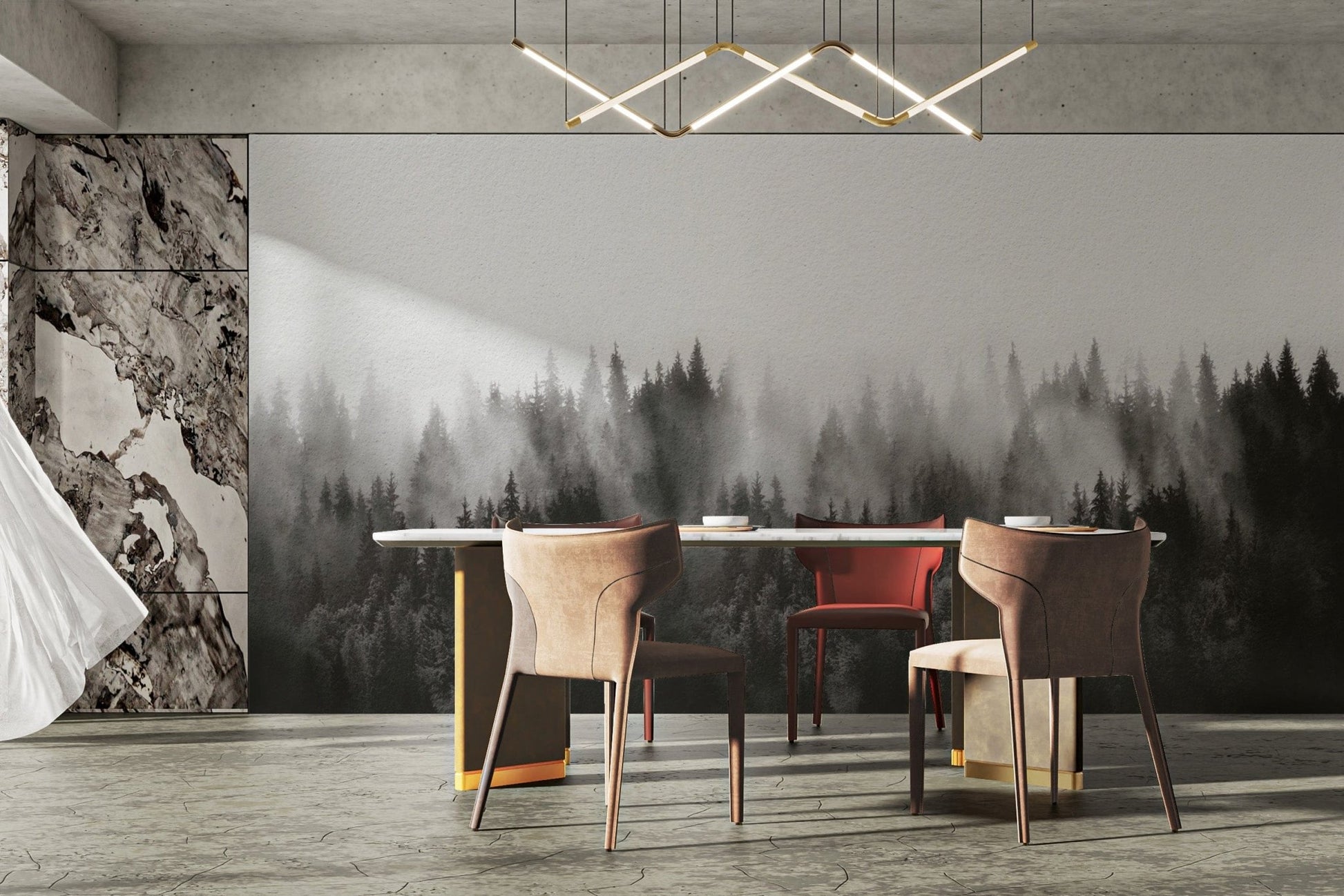 Monochrome misty forest tree wallpaper
