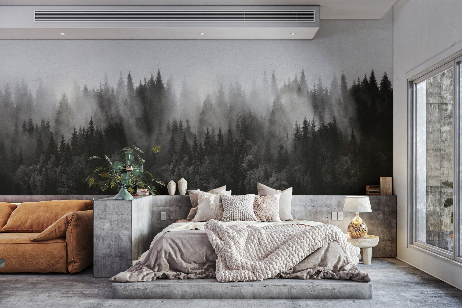 Misty pine tree wallpaper in black
