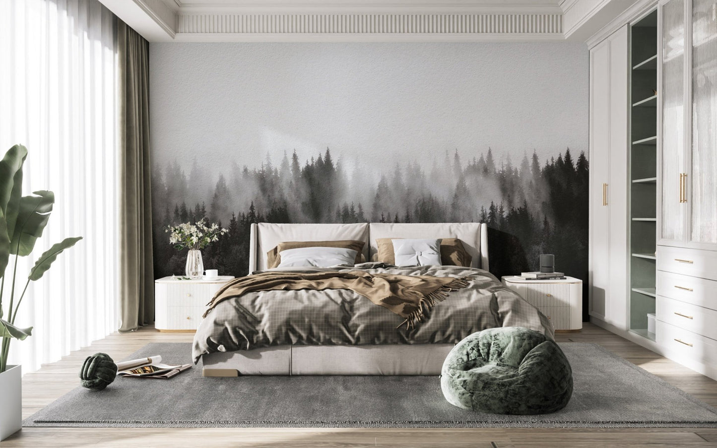 Serene fog-covered forest wall design
