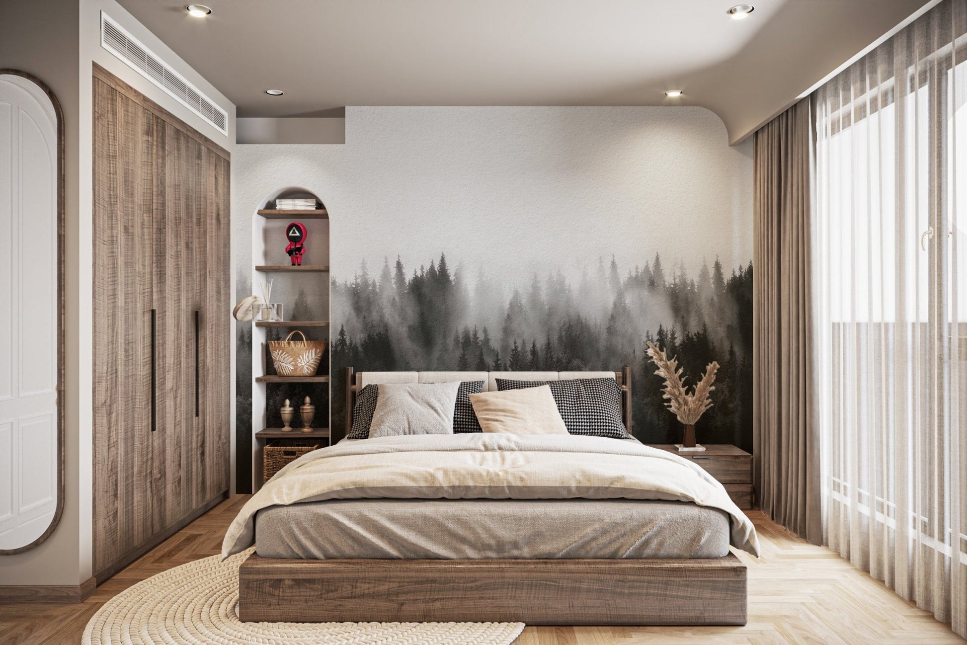 Moody grayscale forest landscape mural
