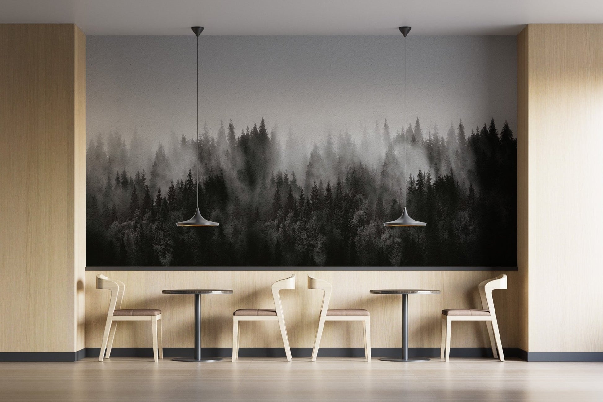 Dense pine forest wallpaper in grayscale
