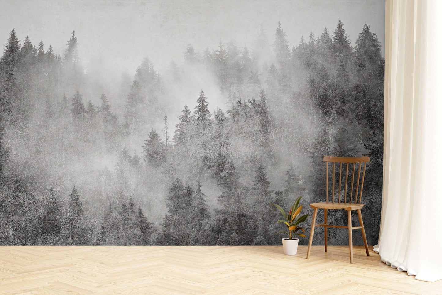 Mist-covered pine tree wall design
