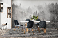 Monochrome pine trees in mist mural
