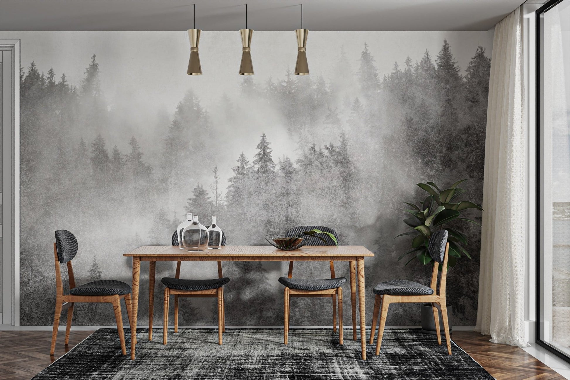 Black and white misty forest mural
