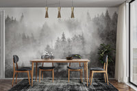 Black and white misty forest mural
