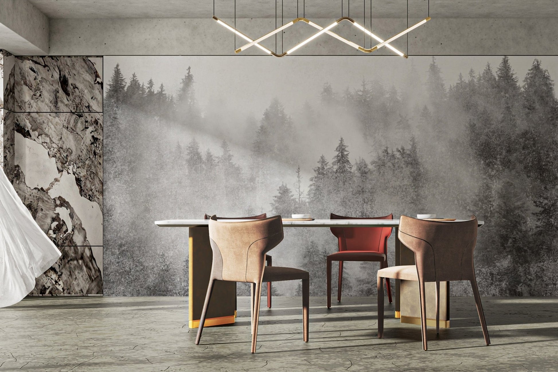 Grayscale foggy forest wall covering
