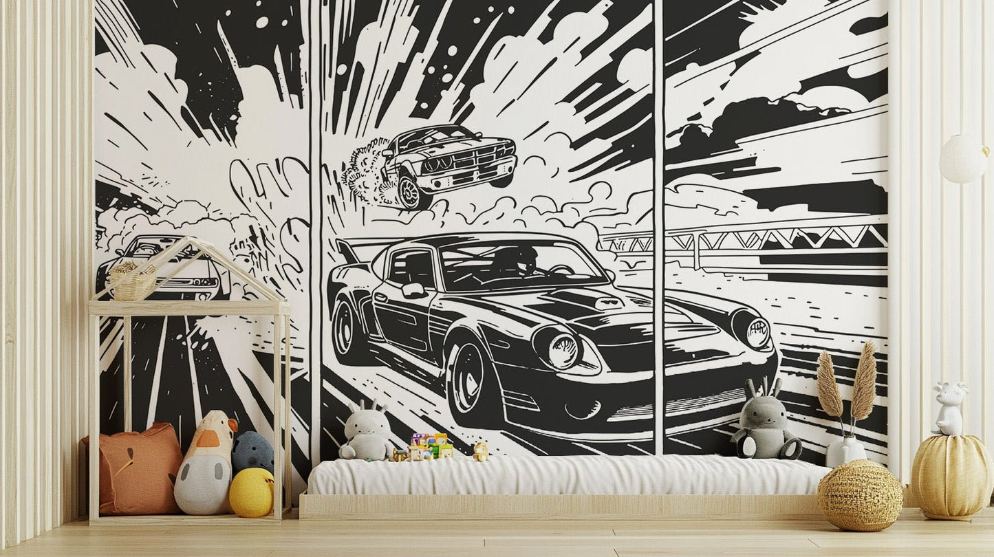 Stylish Monochrome Muscle Car Mural for Interiors