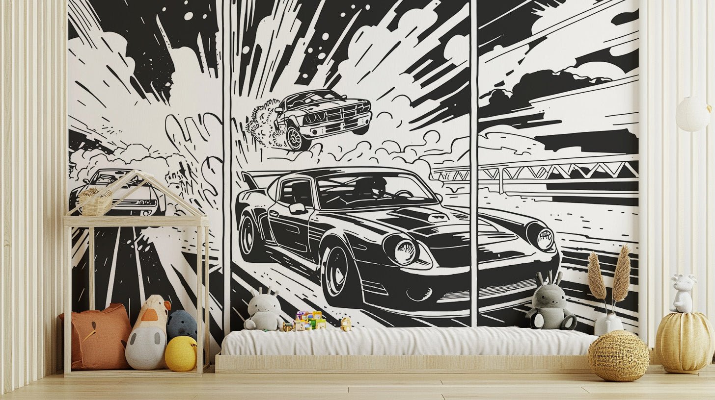 Stylish Monochrome Muscle Car Mural for Interiors