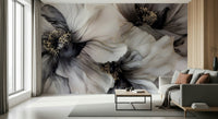 Monochrome floral wall mural with ink-flow petals