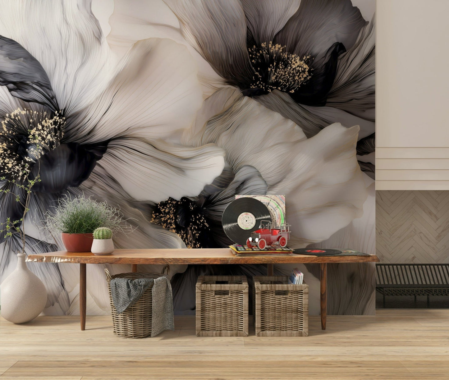 Flowing organic shapes Monochrome Petal Ink Flow Harmony wallpaper