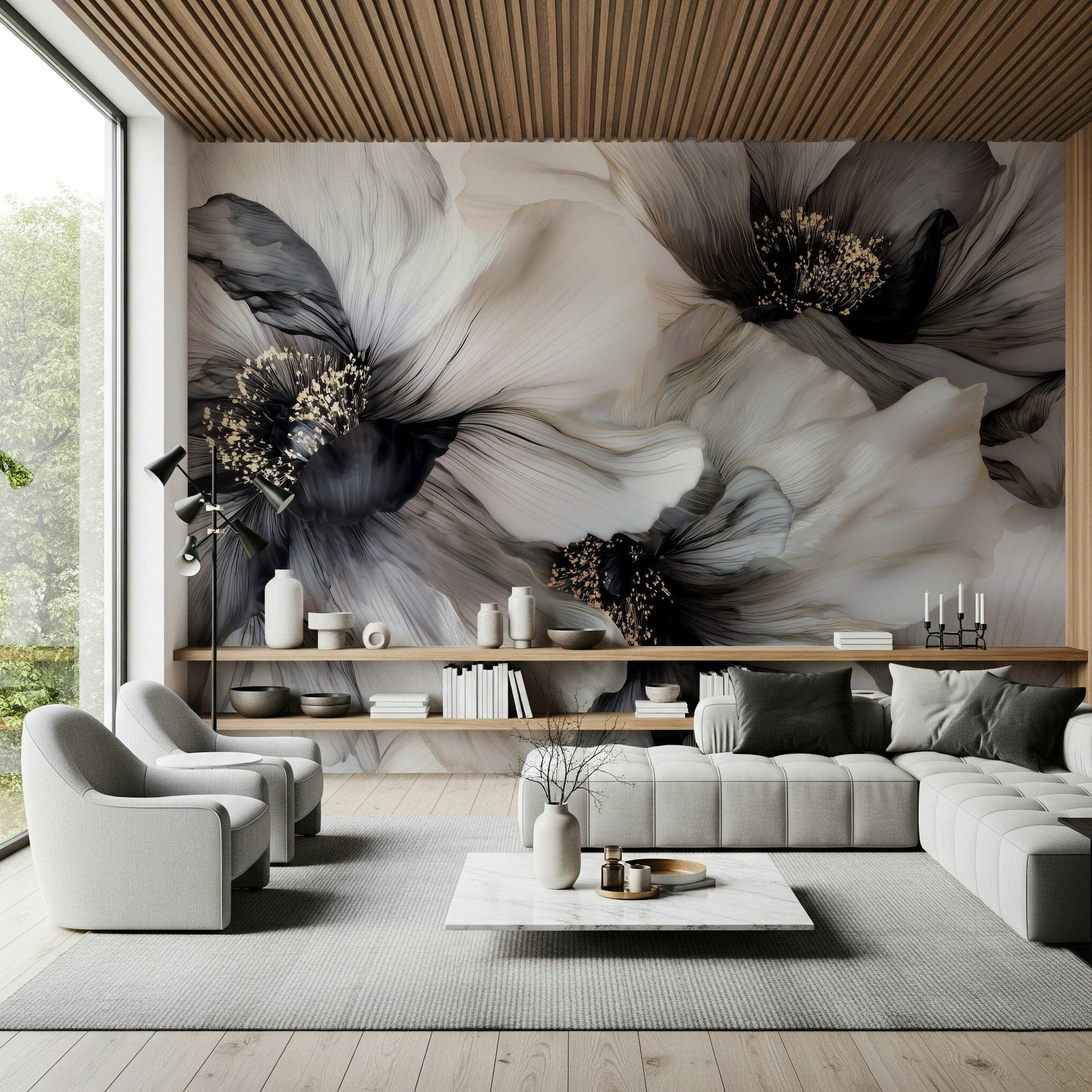 Gold dusting Monochrome Petal Ink Flow Harmony wall mural, GD7440