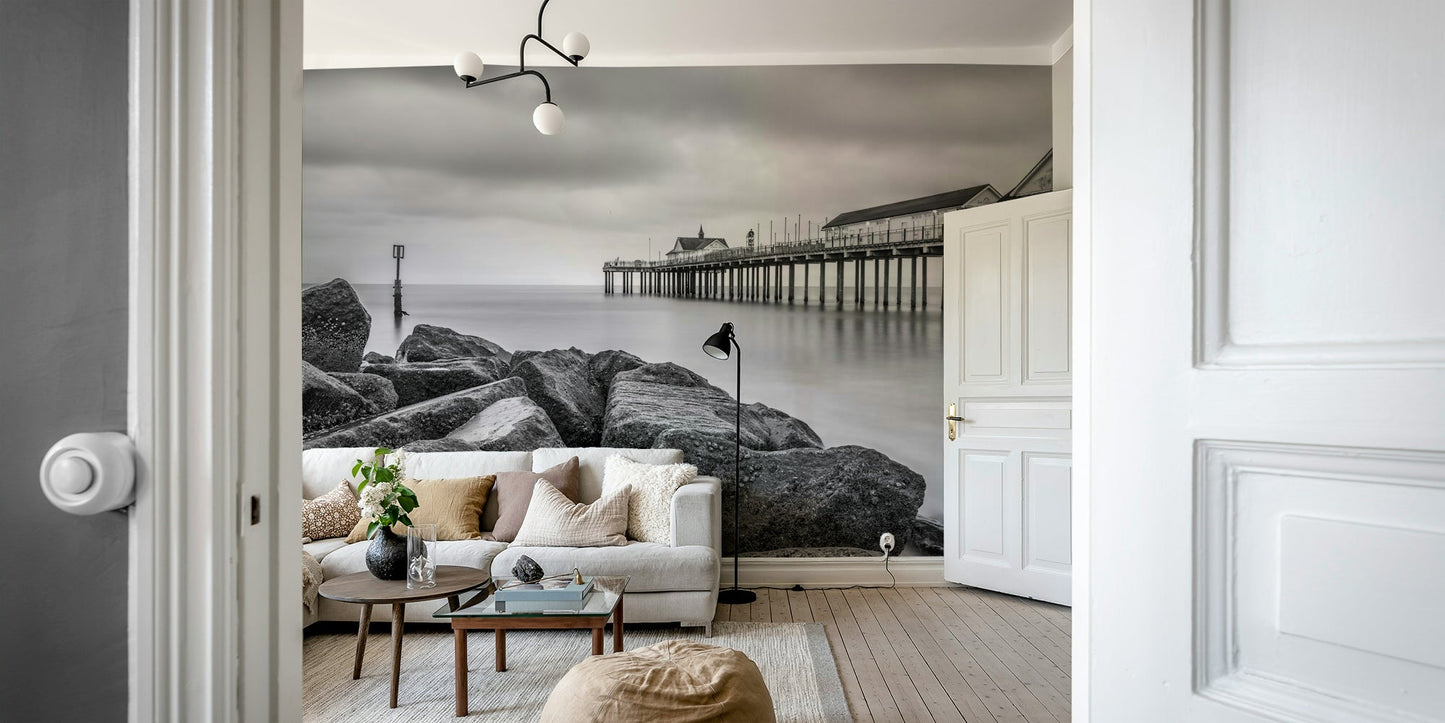 Black and white pier scene
