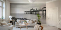 Serene seascape mural in black and white
