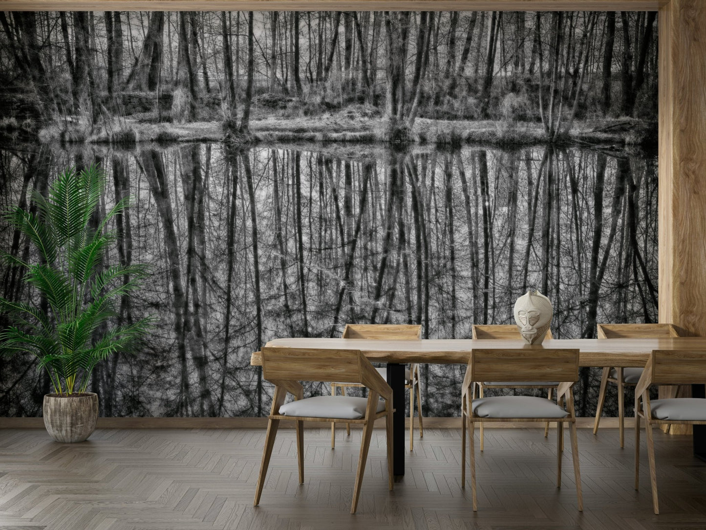 Monochrome Reflection of Trees in Serene Waters Wall Mural