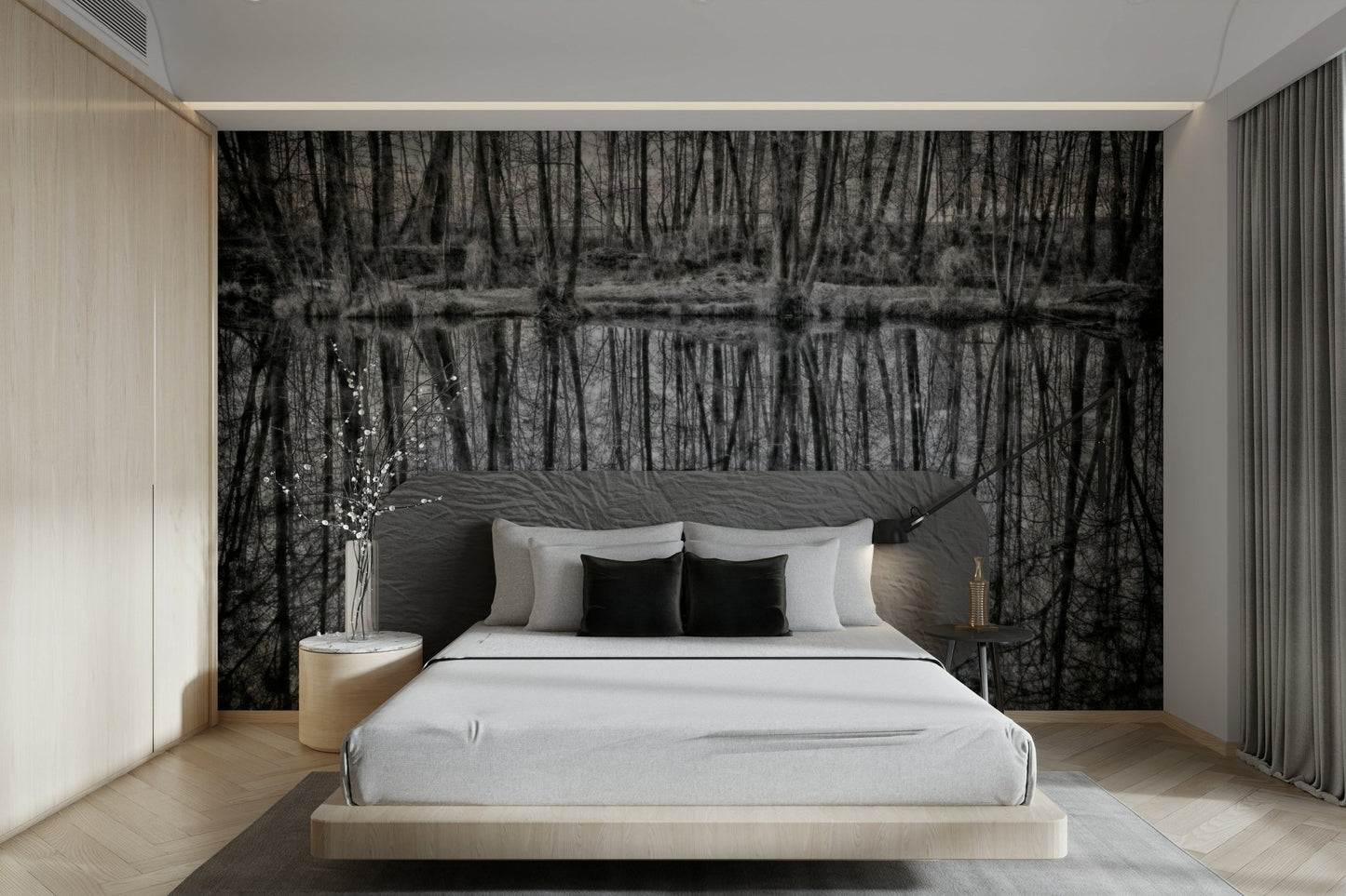 Monochrome Reflection of Trees in Serene Waters Wall Mural