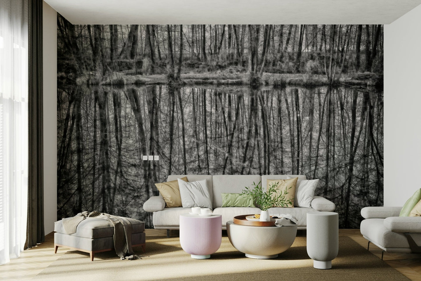 Monochrome Reflection of Trees in Serene Waters Wall Mural