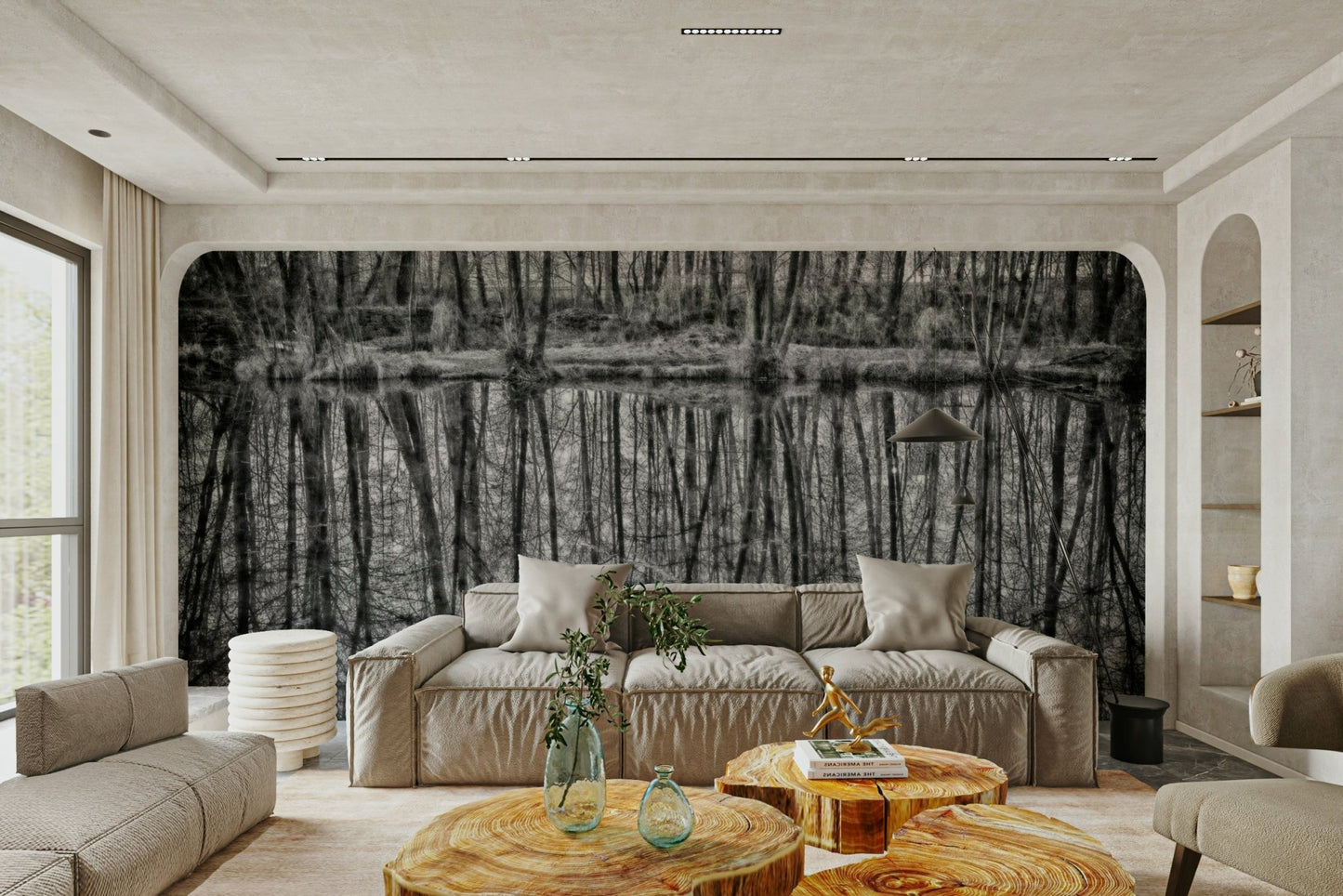 Monochrome Reflection of Trees in Serene Waters Wall Mural