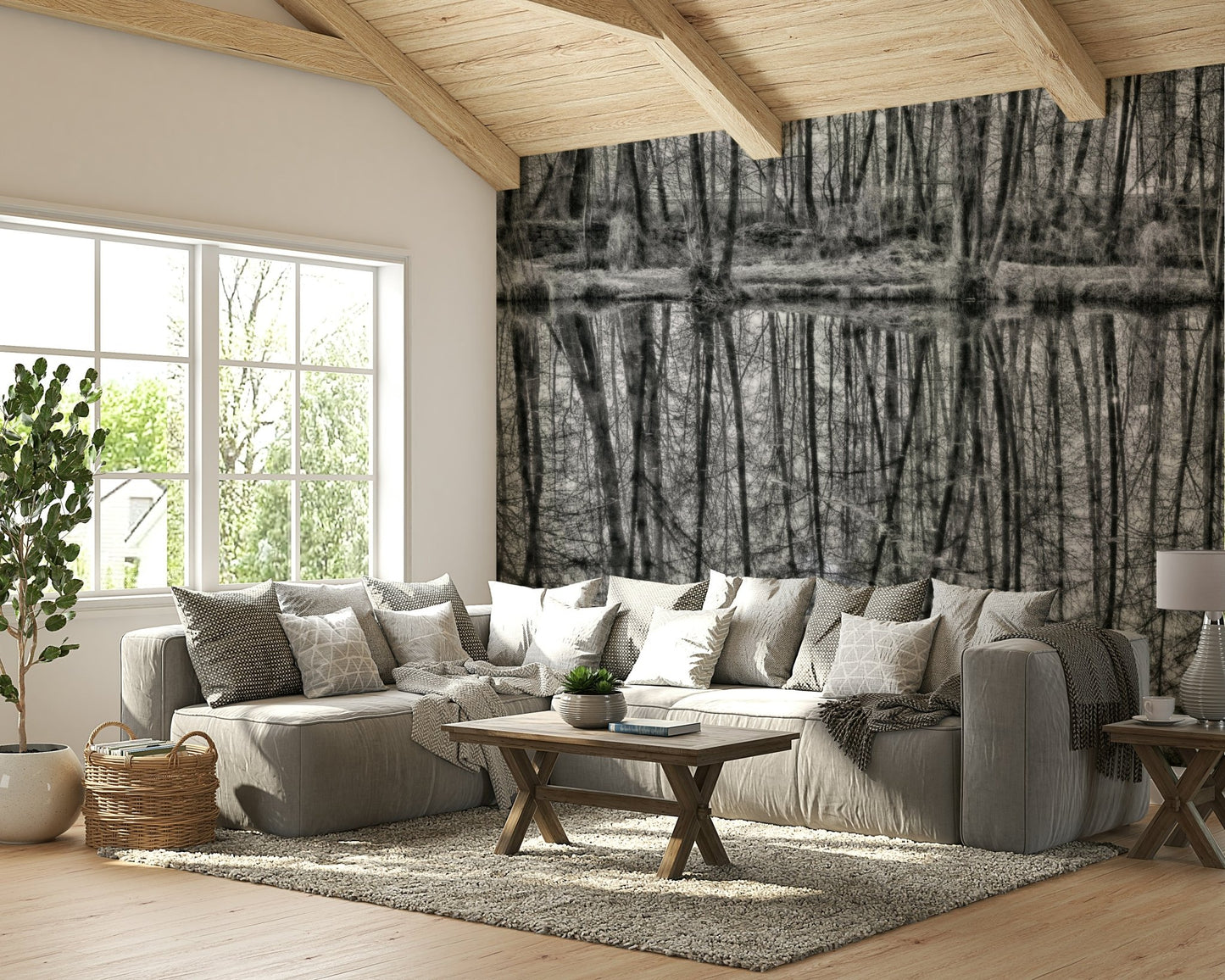 The trees on the bank and their clear reflection in the water are the main focus.

