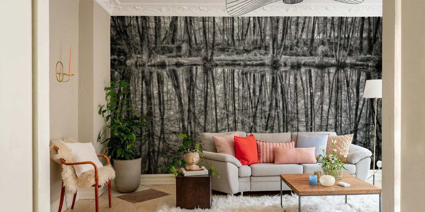 Monochrome Reflection of Trees in Serene Waters Wall Mural