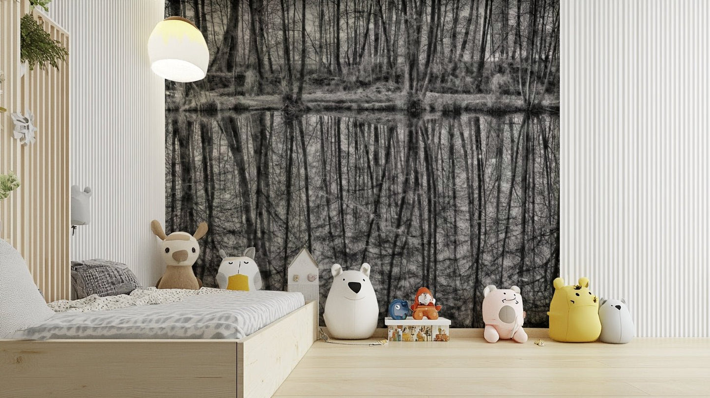 A photo-realistic wall mural showing trees reflected in serene water in monochrome.