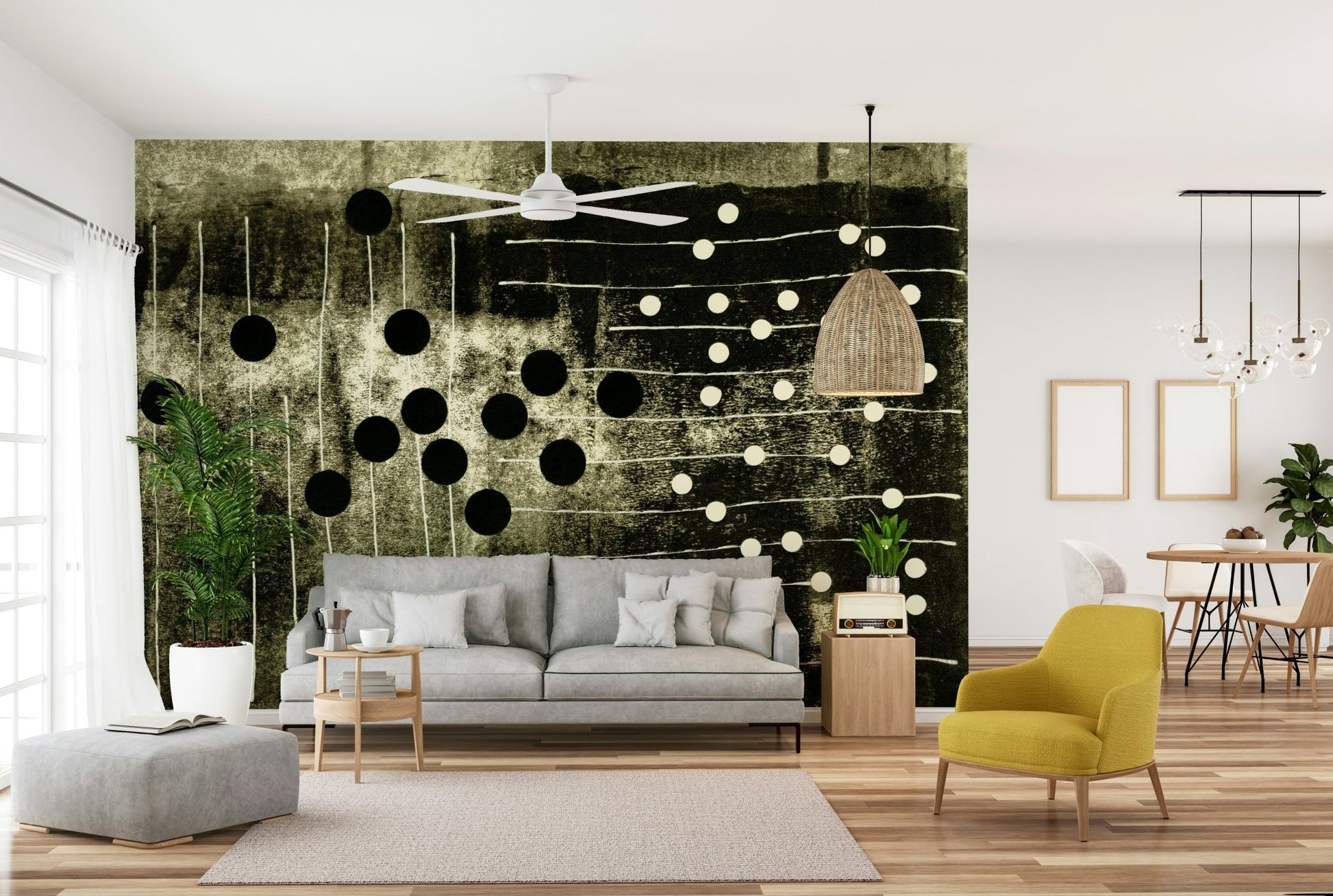 A beautiful monochrome abstract wallpaper mural with rhythmic lines.

