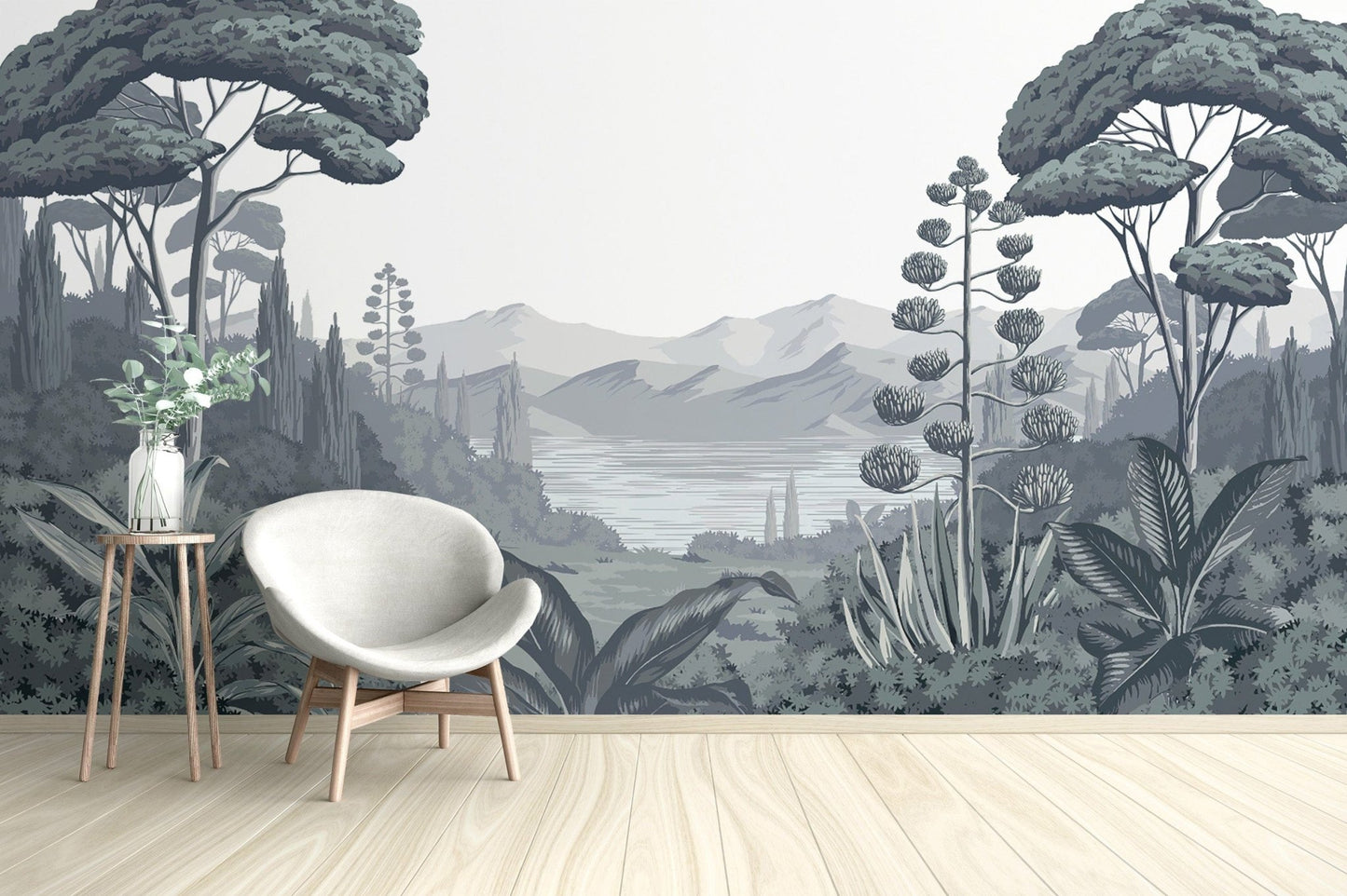 Serene black and white forest wallpaper
