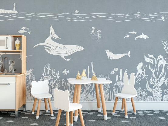 Monochrome Sea Blue Wallpaper Mural KB68
