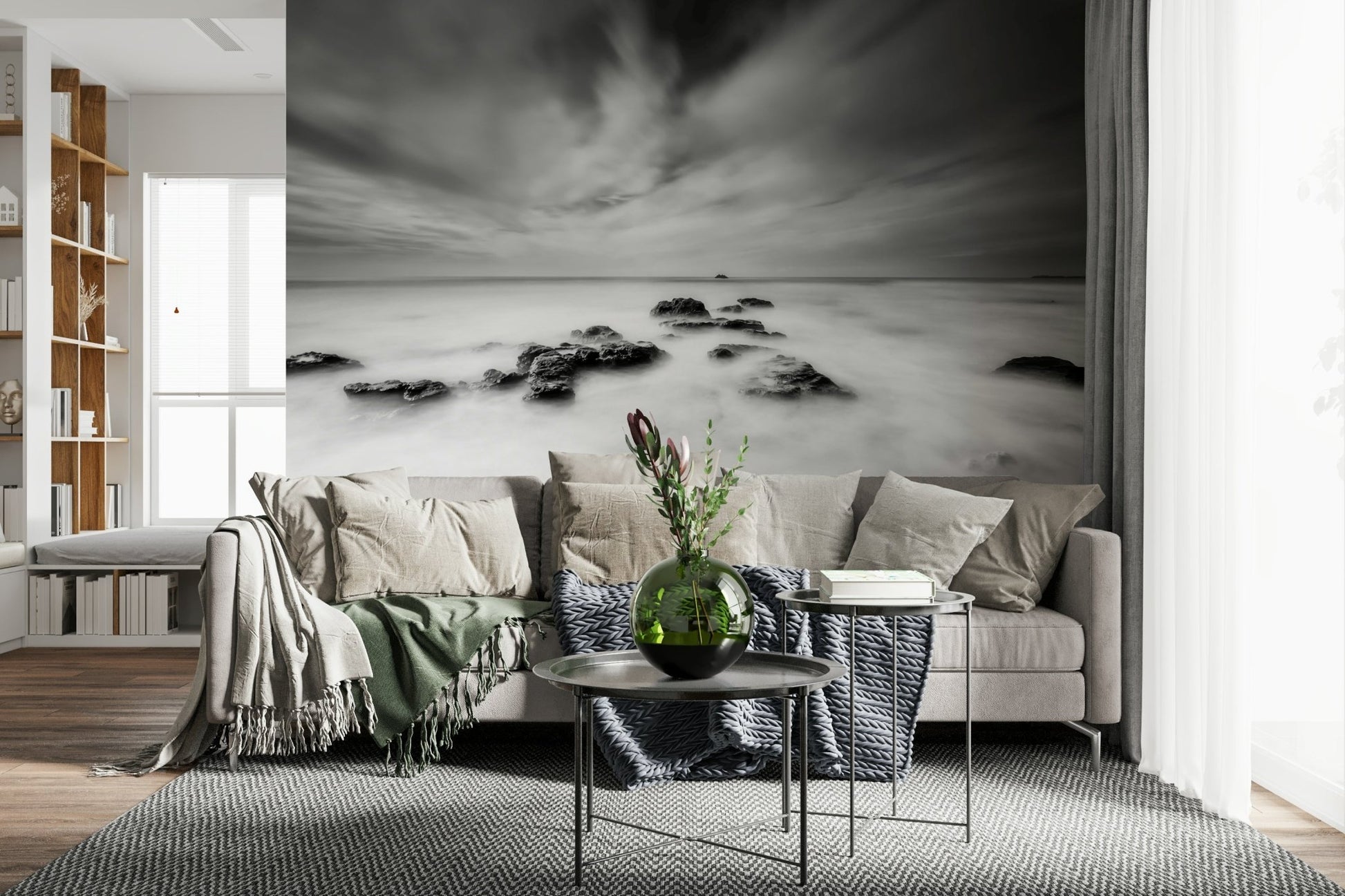 A graceful subtle pattern wall mural in cool, neutral tones.