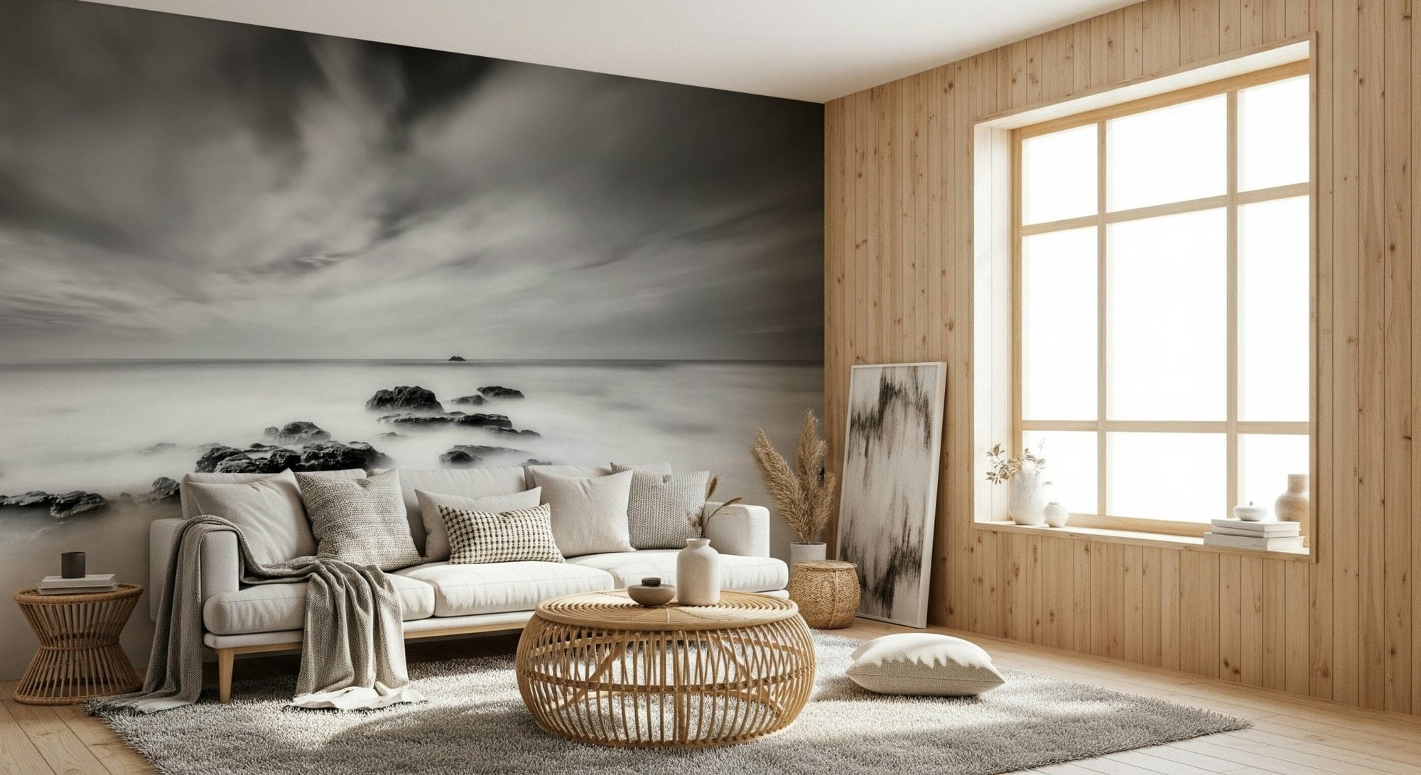 A beautiful abstract ocean wallpaper mural in monochrome black and white., GD5740