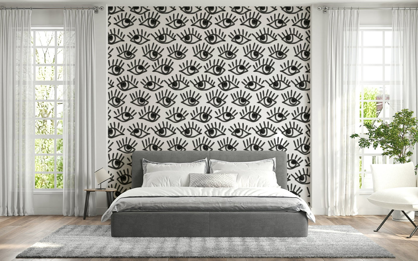 A serene flowing design wall mural in black, white, and gray tones.