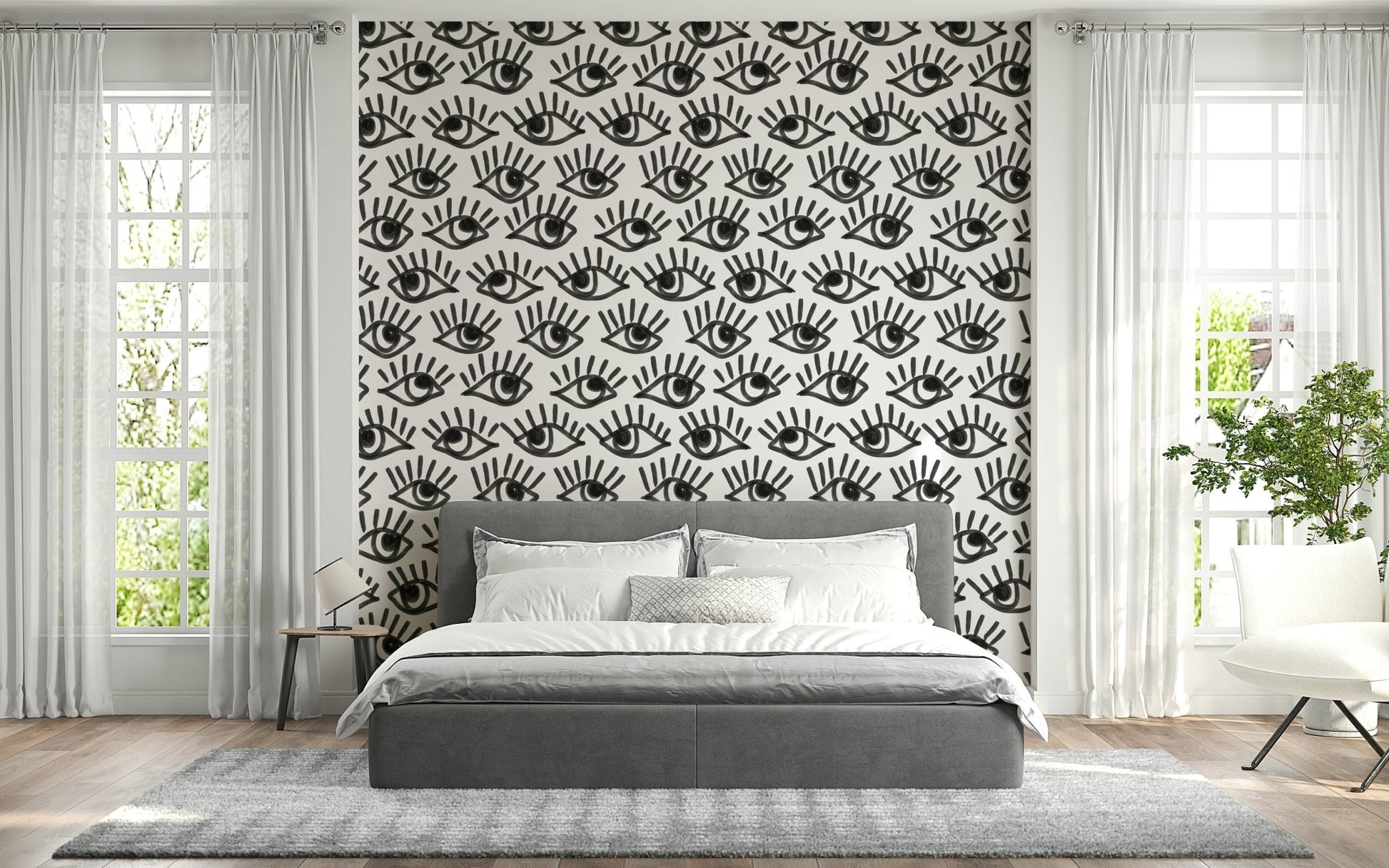 A serene flowing design wall mural in black, white, and gray tones.