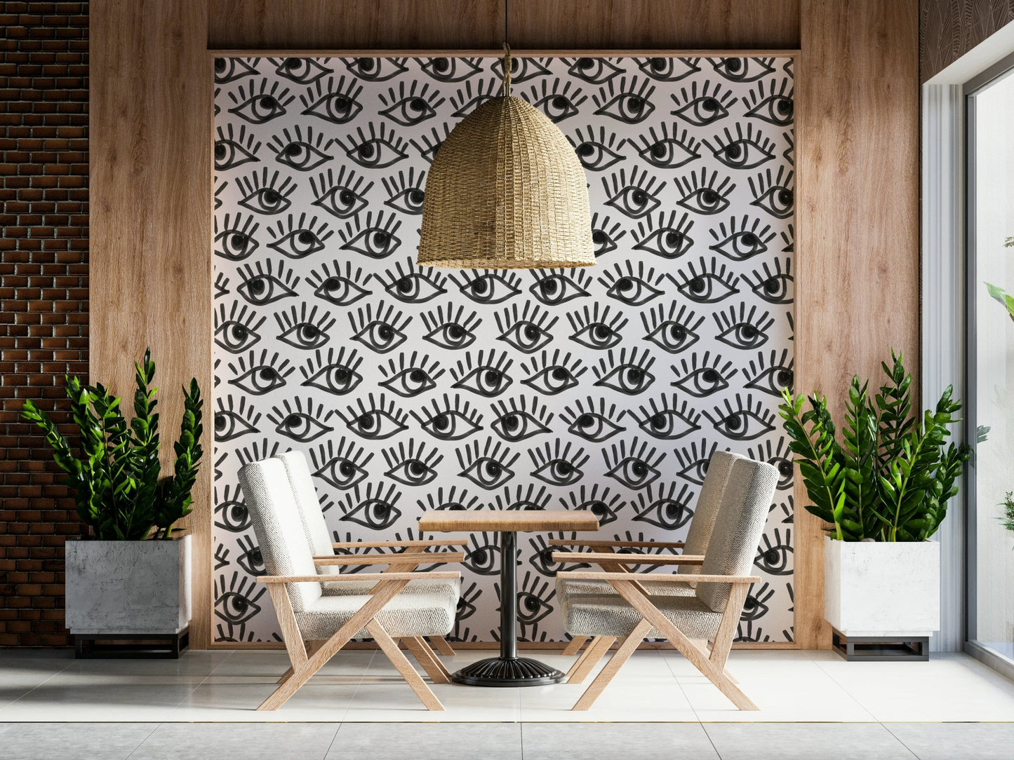 A peaceful modern abstract mural on decorative wallpaper.