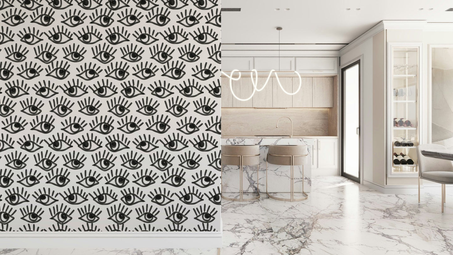A beautiful monochrome staring eyes wallpaper mural with abstract, surrealist style.