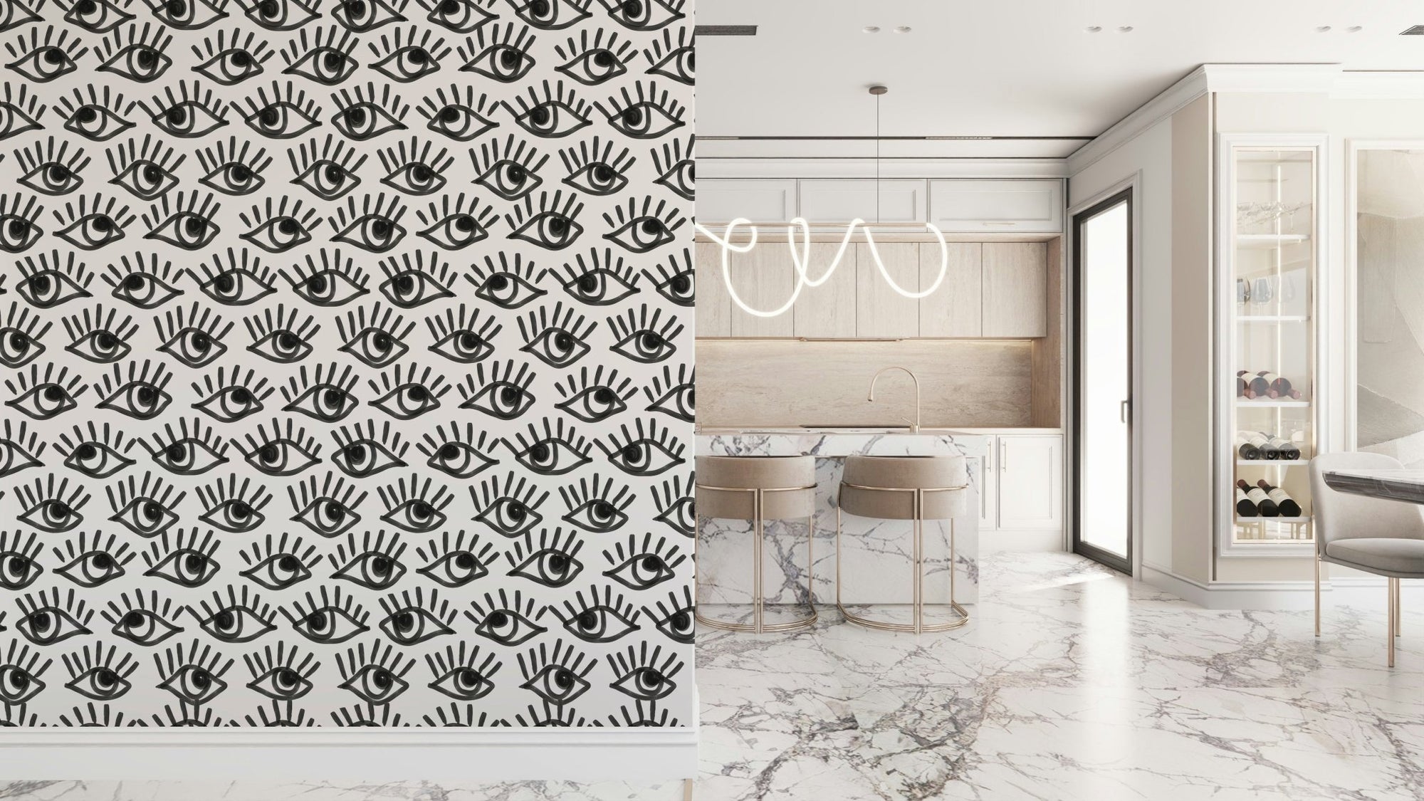 A beautiful monochrome staring eyes wallpaper mural with abstract, surrealist style., GD6022