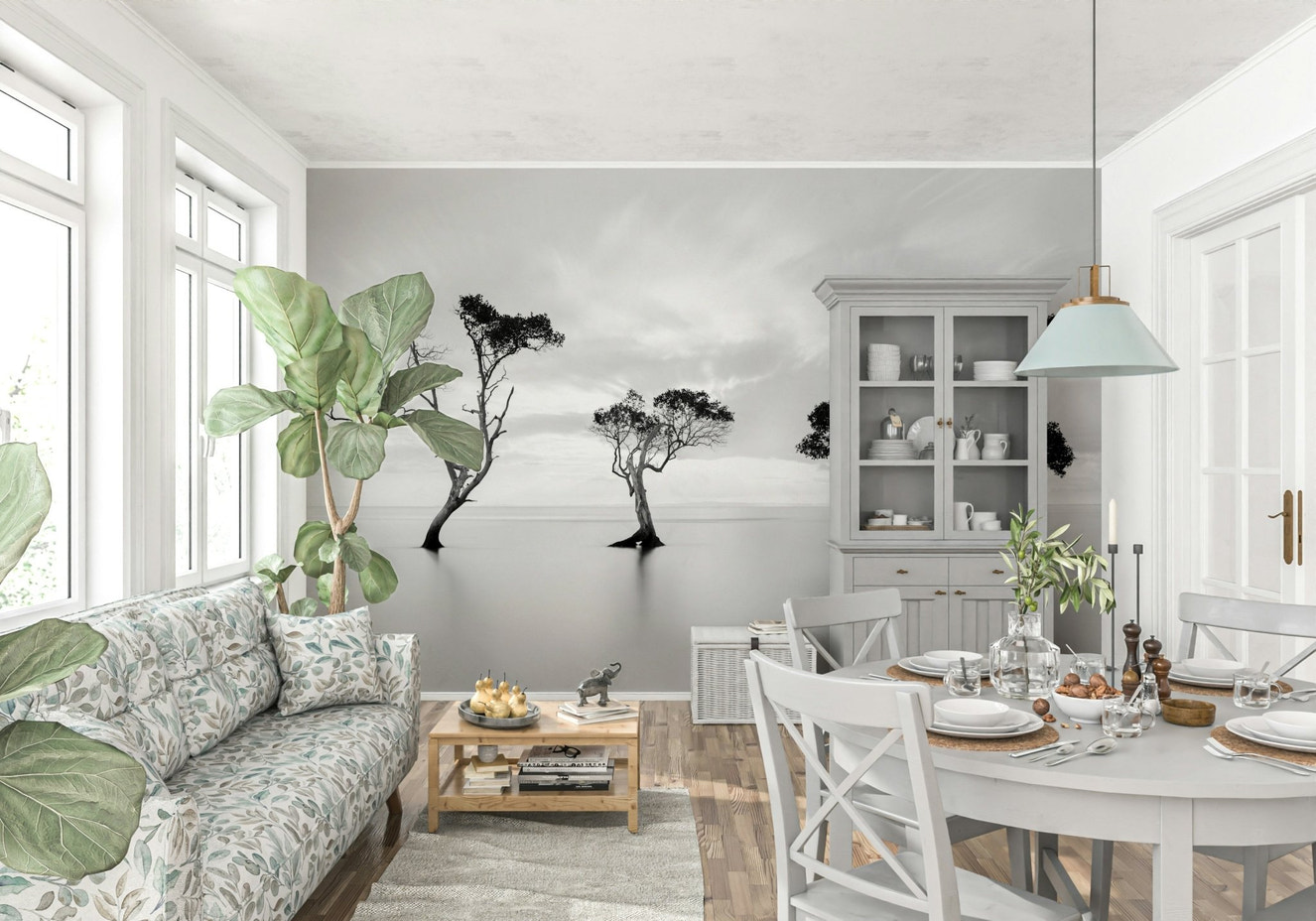 A beautiful serene forest wallpaper mural in black and white.

