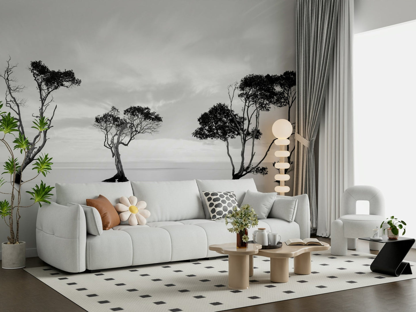 A peaceful woodland scene mural on decorative wallpaper.

