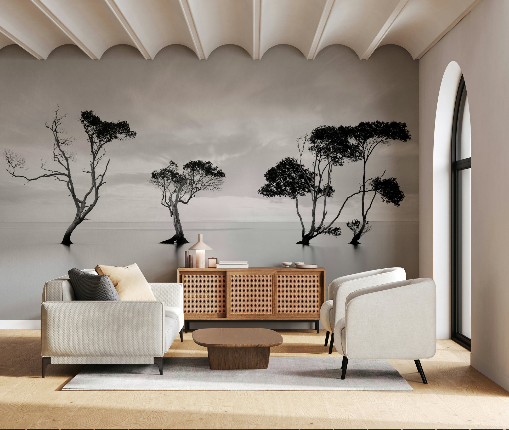 An artistic abstract forest mural on minimalist wallpaper.

